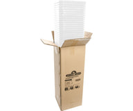 A cardboard box with a stack of white, square plant pots.