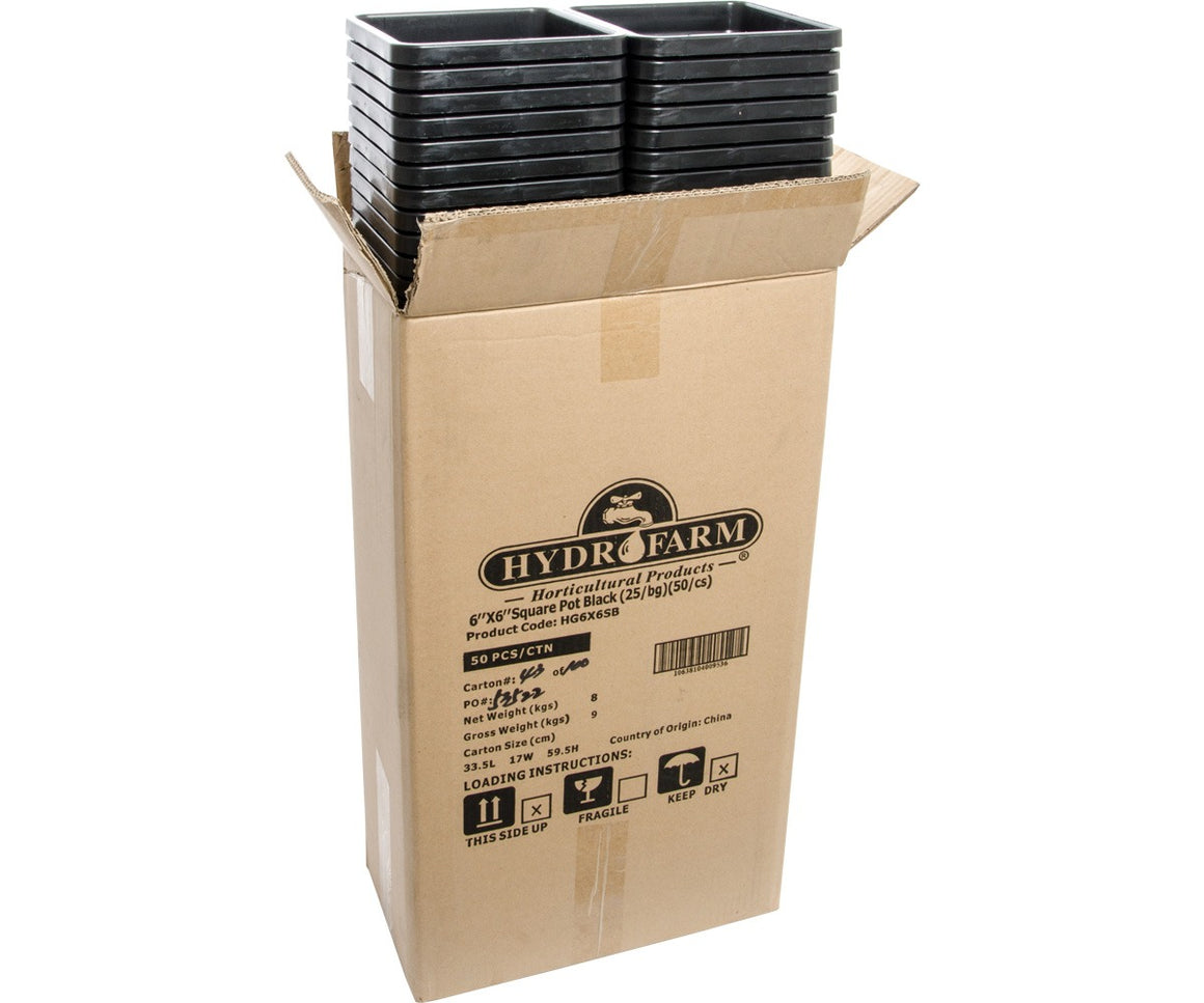 Hydro Farm 6"x6" square black pots in a cardboard box, 50 per carton.