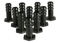 Black plastic barbed stoppers with hexagonal bases, arranged in a staggered pattern.