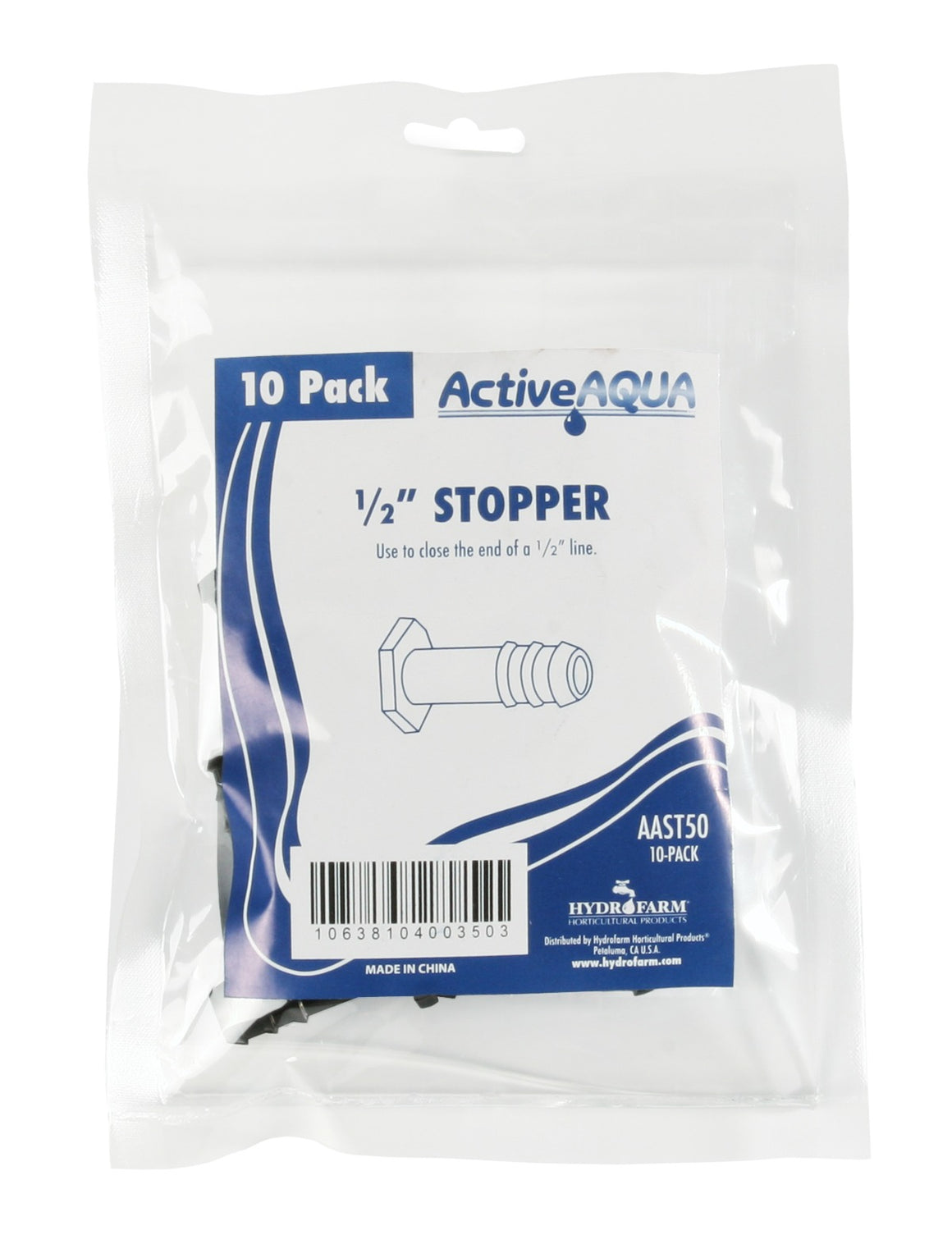 ActiveAqua 1/2" stopper 10-pack, plastic bag packaging with product illustration.