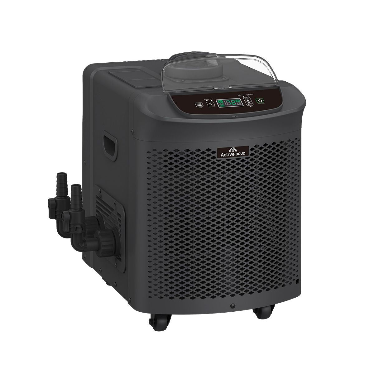 Black Active Aqua outdoor chiller with digital display, controls, hose fittings, and wheels.