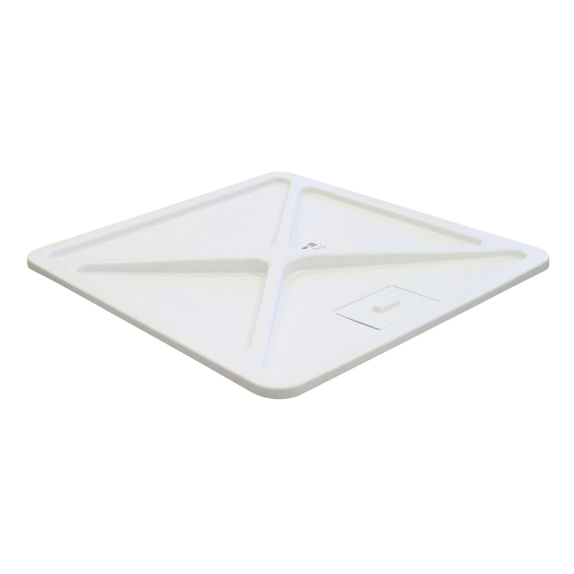 Square white plastic reservoir cover with textured surface and raised channel lines.