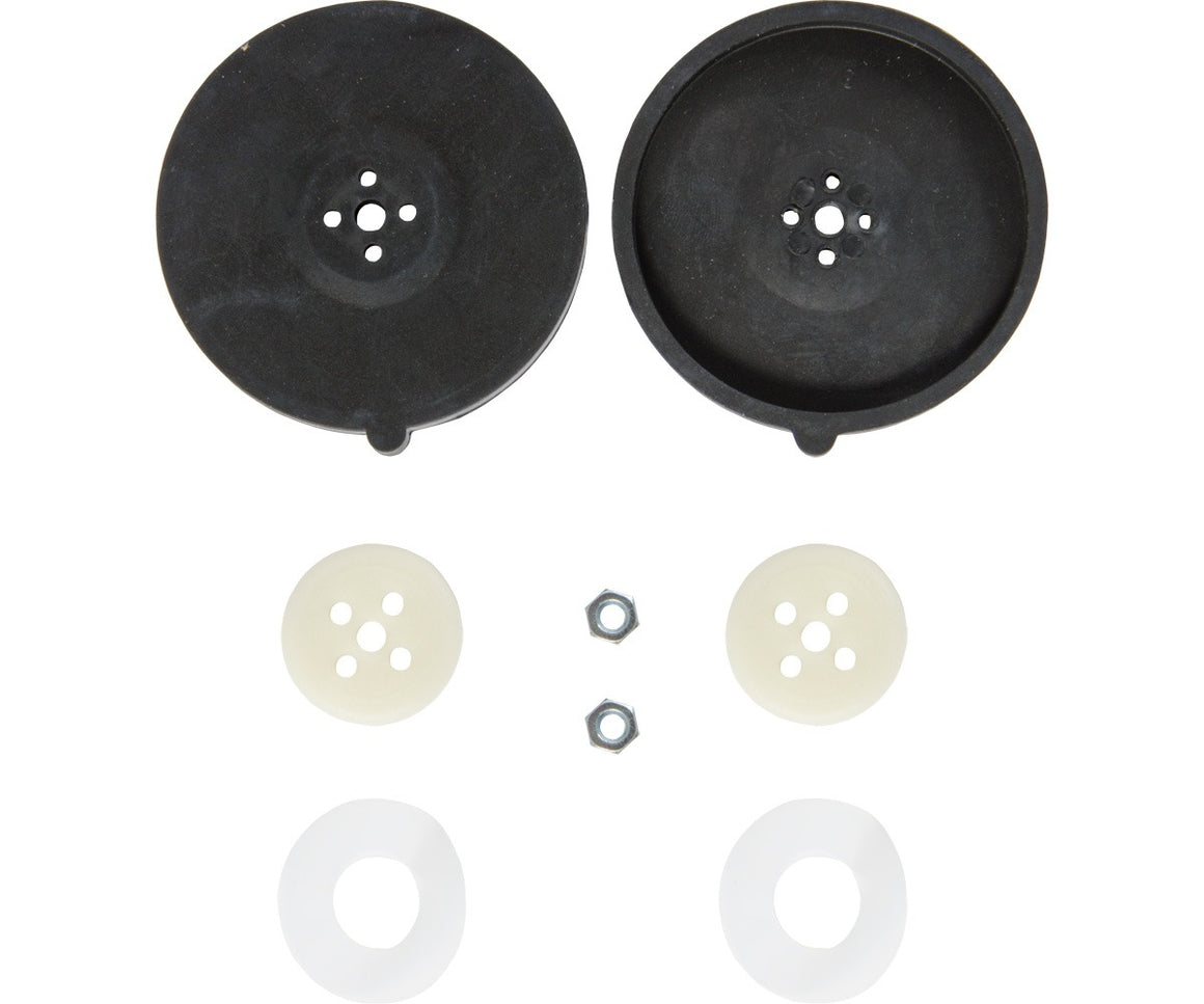 Replacement diaphragm kit with black diaphragms, white spacers, and nuts.