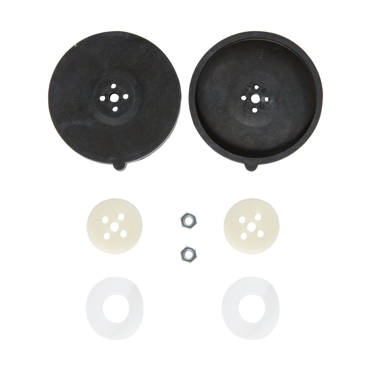 Replacement diaphragm kit with black diaphragms, white spacers, and nuts.