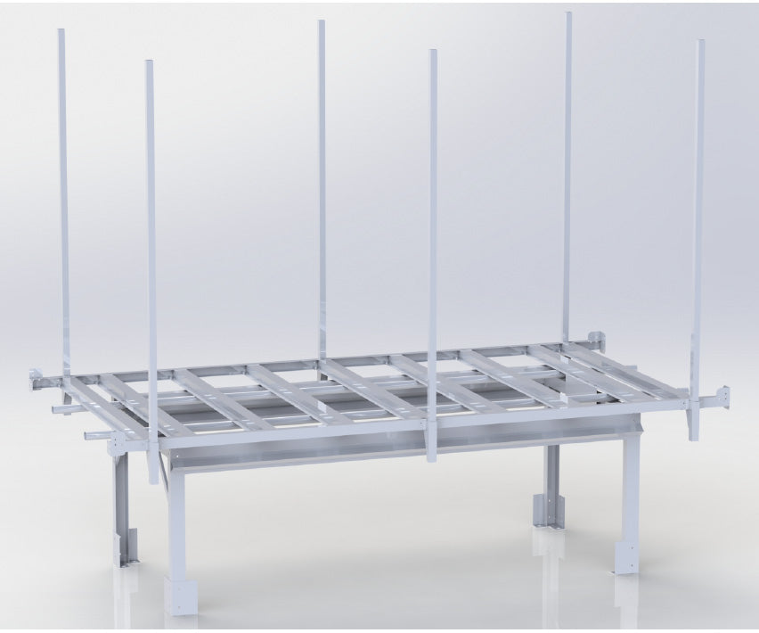 White metal rolling bench with vertical poles and a slatted top, likely for plants or hydroponics.