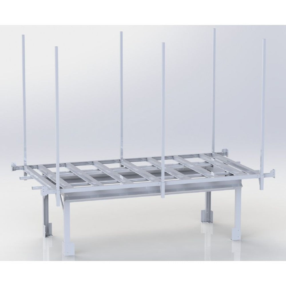 White metal rolling bench with vertical poles and a slatted top, likely for plants or hydroponics.