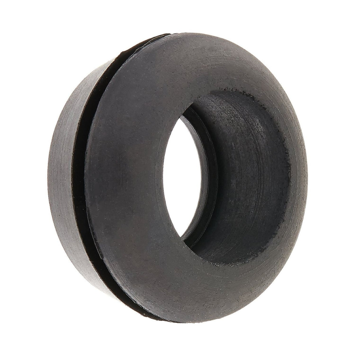 Black rubber grommet with a recessed inner lip on a white background.