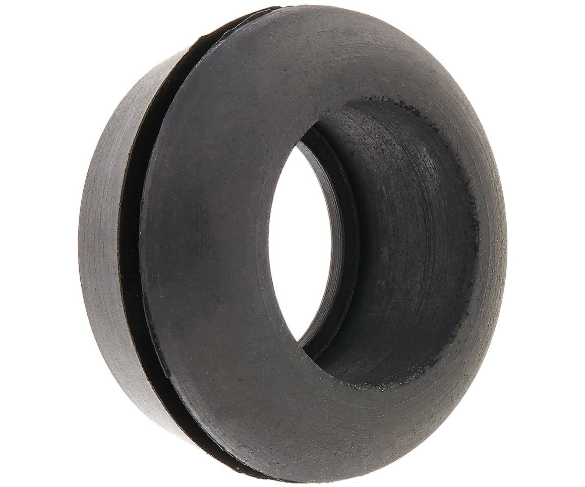 Black rubber grommet with a wide lip, used for wire and cable protection.
