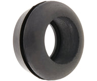 Black rubber grommet with a wide lip, used for wire and cable protection.