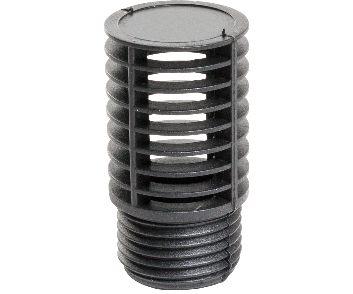 Black plastic screen fitting with threaded base and slotted top.