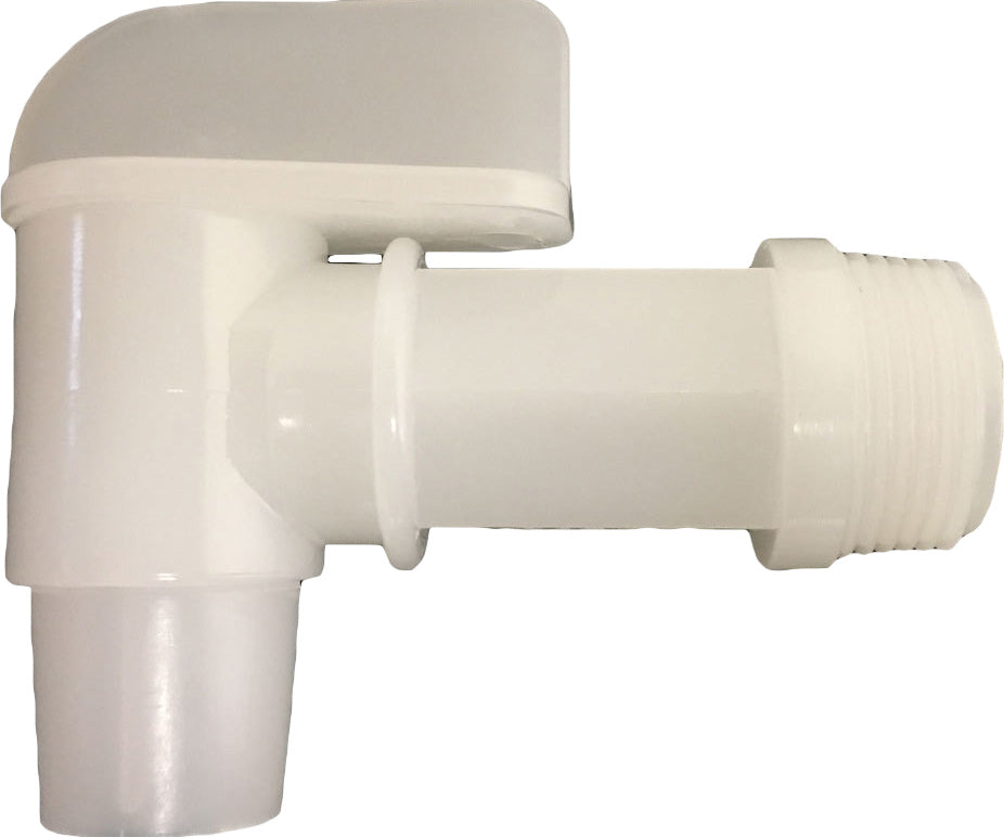 White spigot with grey handle and threaded end, designed for 6-gallon containers.