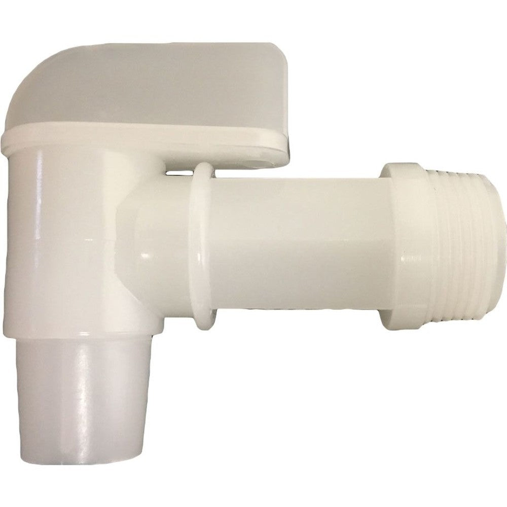 White spigot with grey handle and threaded end, designed for 6-gallon containers.