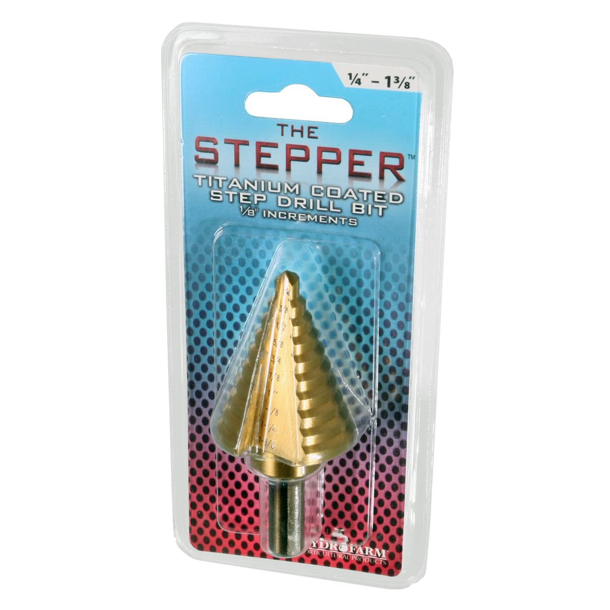 Titanium coated step drill bit in packaging, measures 1/4" - 1 3/8" with 1/8" increments.