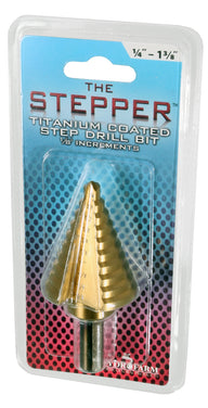 Titanium coated step drill bit in packaging, measures 1/4