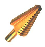 Titanium-coated step drill bit for metal and plastic.