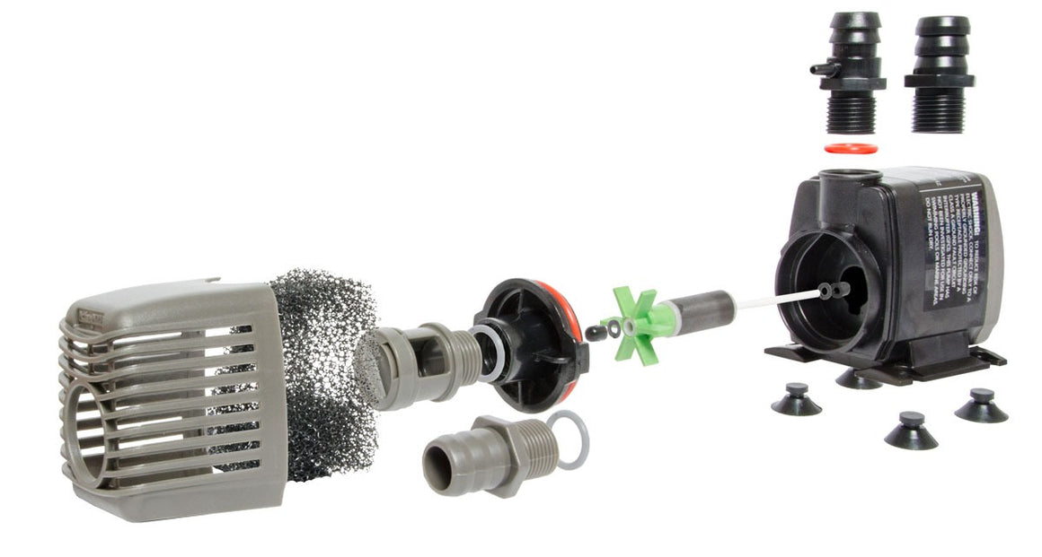 Exploded view of a submersible water pump with filter, impeller, and connectors on white background.