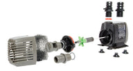 Exploded view of a submersible water pump with filter, impeller, and connectors on white background.