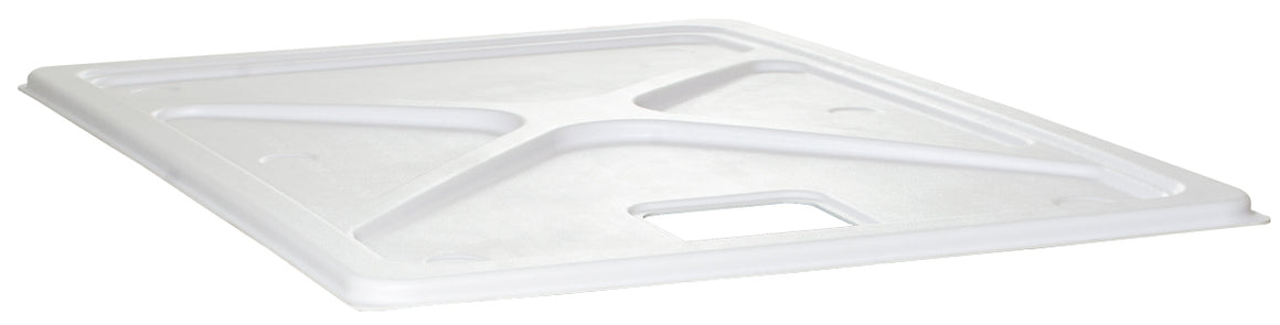 White plastic reservoir cover with cut-out for lid lift, ribbed design for stability.