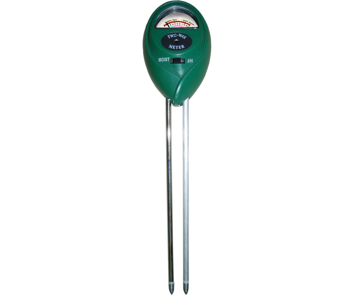 Green two-way meter with two metal probes for measuring soil moisture and pH.