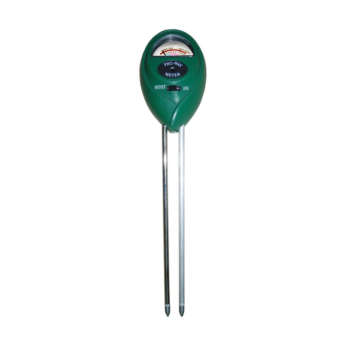 Green two-way meter with two metal probes for measuring soil moisture and pH.