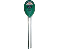 Green two-way meter with two metal probes for measuring soil moisture and pH.