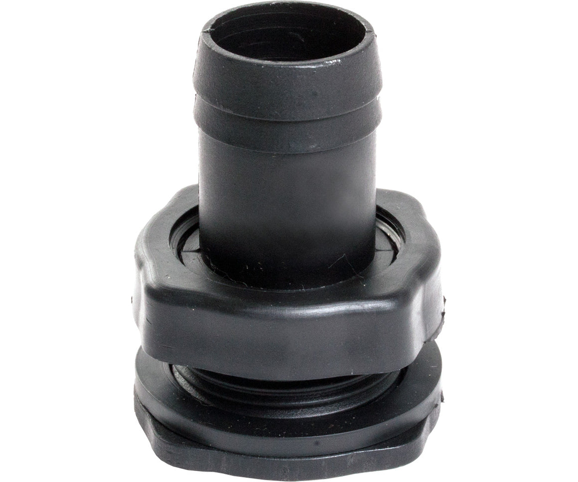 Black plastic fill/drain fitting with hose barb and threaded base.