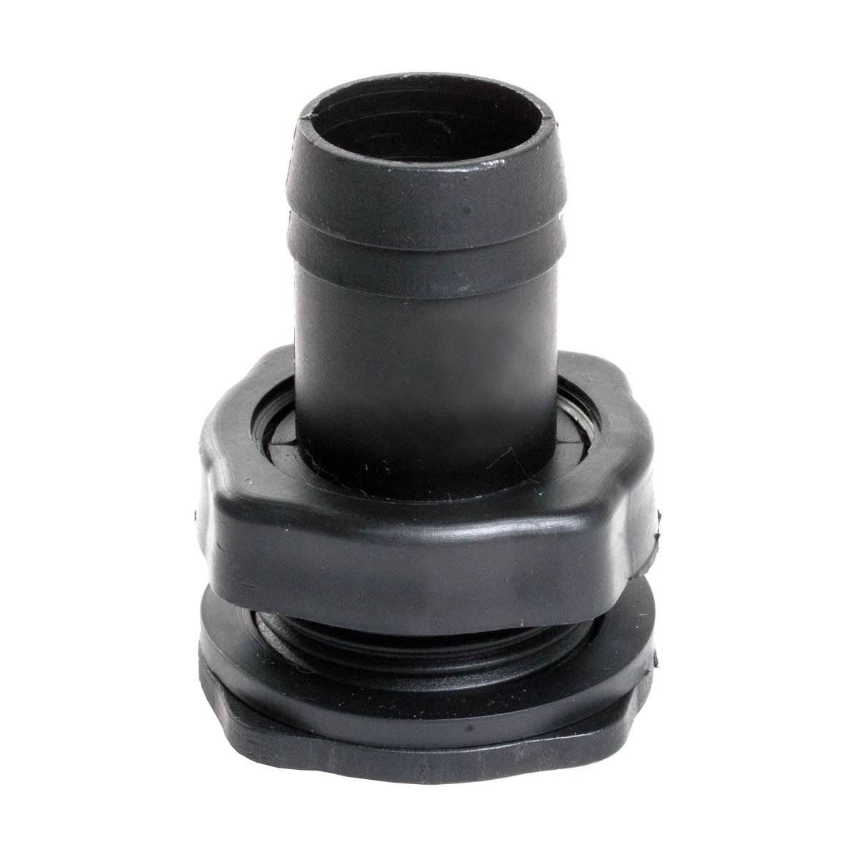 Black plastic fill/drain fitting with hose barb and threaded base.