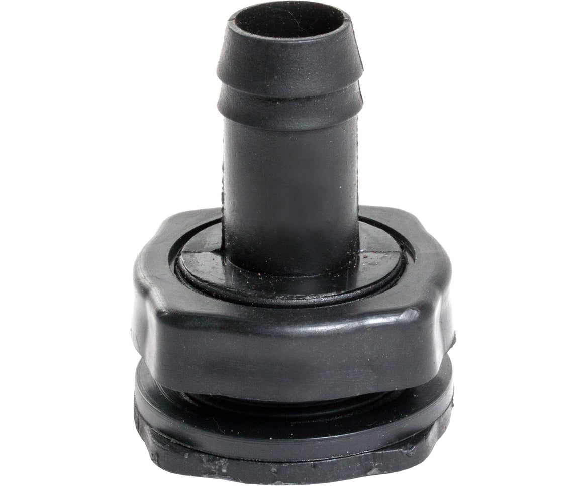 Black plastic fill and drain fitting with a barbed hose connector and a threaded nut.
