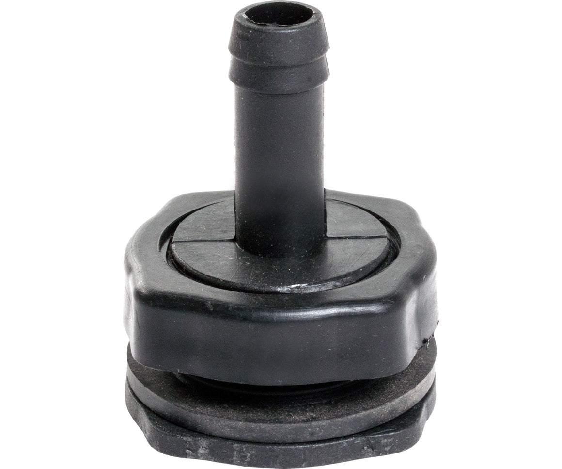 Black plastic fill/drain fitting with hose barb and gasket for aquarium or hydroponic systems.