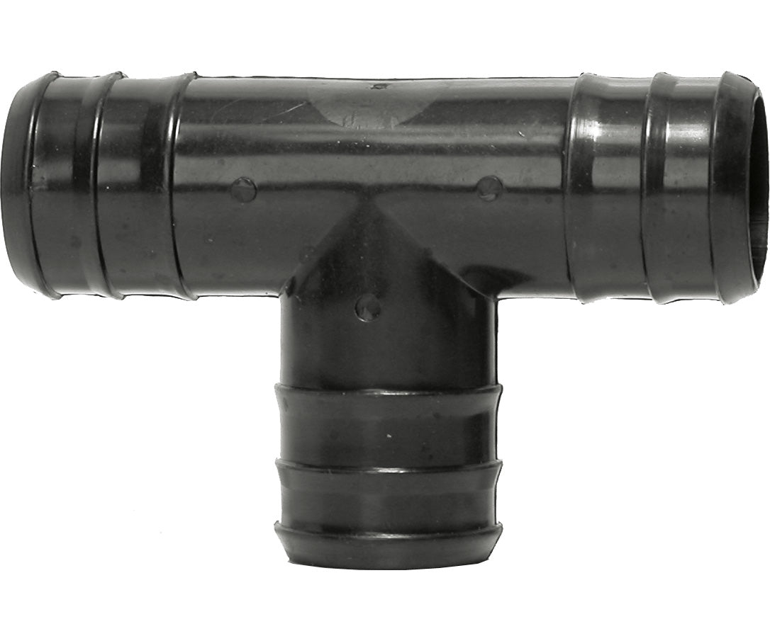 Black plastic T-connector with barbed ends.