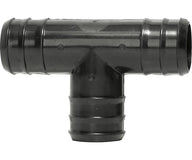 Black plastic T-connector with barbed ends.