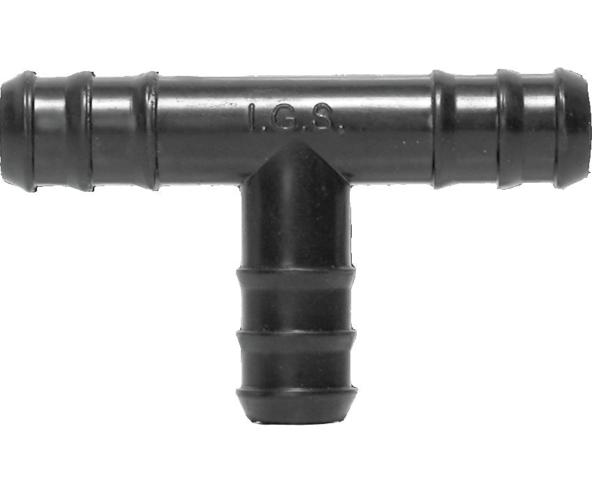 Black plastic T-connector with hose barbs and "I.G.S." marking.