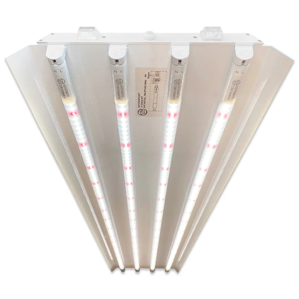 Active Grow T5 HO 2.0 4FT 4-lamp LED grow light fixture, emitting white and pink Sun White Pro Spectrum light.