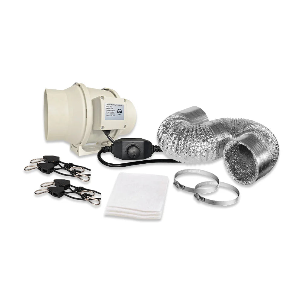 White 6-inch inline fan with speed controller, flexible ducting, clamps, rope hangers, and filter pads for mushroom ventilation.