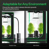Adaptable humidifier setups in grow tents. Flexible hose directs mist into one; internal outlet directs mist upwards in the other.