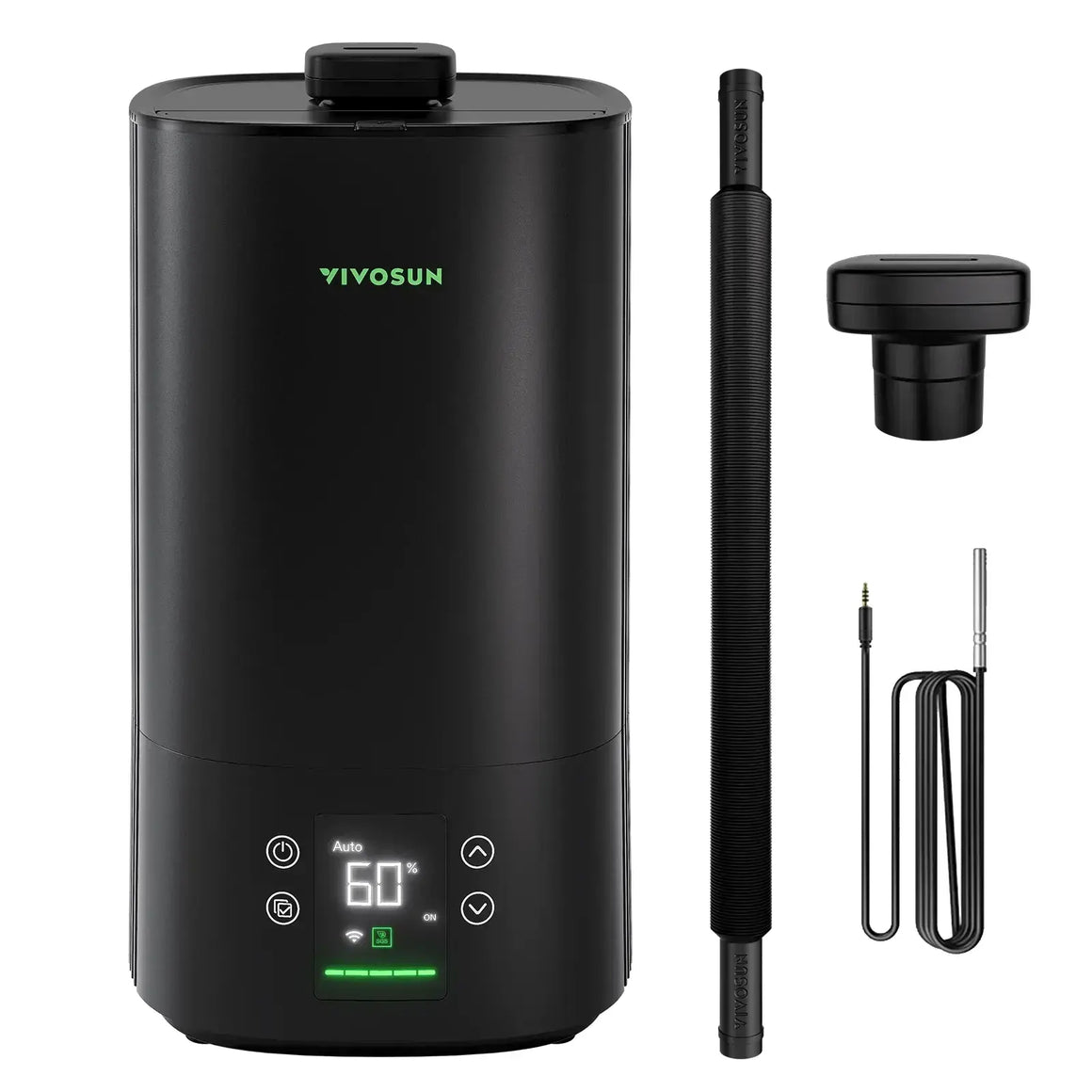 Black VIVOSUN smart Wi-Fi humidifier with digital display, flexible hose, output nozzle, and sensor probe.