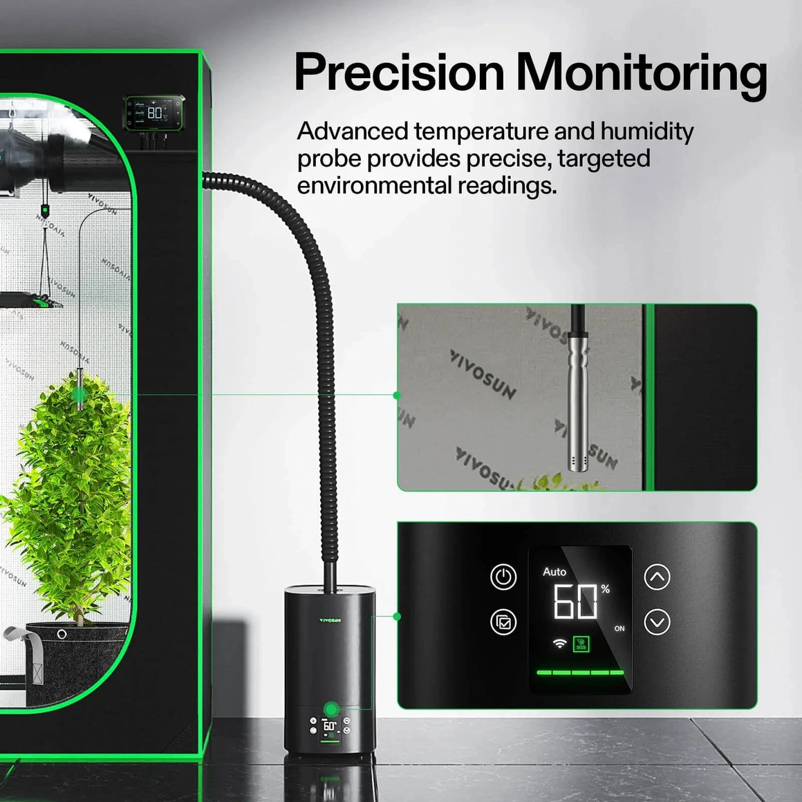 Vivosun grow tent, plant, and black humidifier with flexible hose. Digital controls show 60% humidity monitoring.
