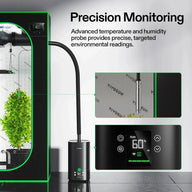 Vivosun grow tent, plant, and black humidifier with flexible hose. Digital controls show 60% humidity monitoring.