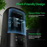 Black Vivosun humidifier with clear, blue-lit water tank, controls, and plants in background, highlighting plant-friendly design.