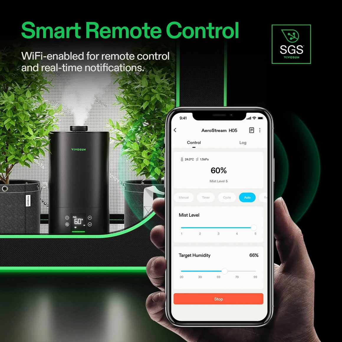 VIVOSUN AeroStream H05 smart humidifier and plants. Hand uses smartphone app for Wi-Fi remote control, showing humidity.