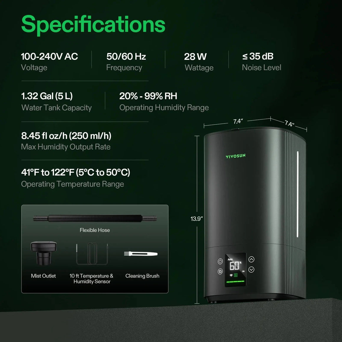 Black VIVOSUN humidifier with digital display, its specifications, dimensions (13.9"H x 7.4"W), and included accessories.