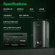 Black VIVOSUN humidifier with digital display, its specifications, dimensions (13.9