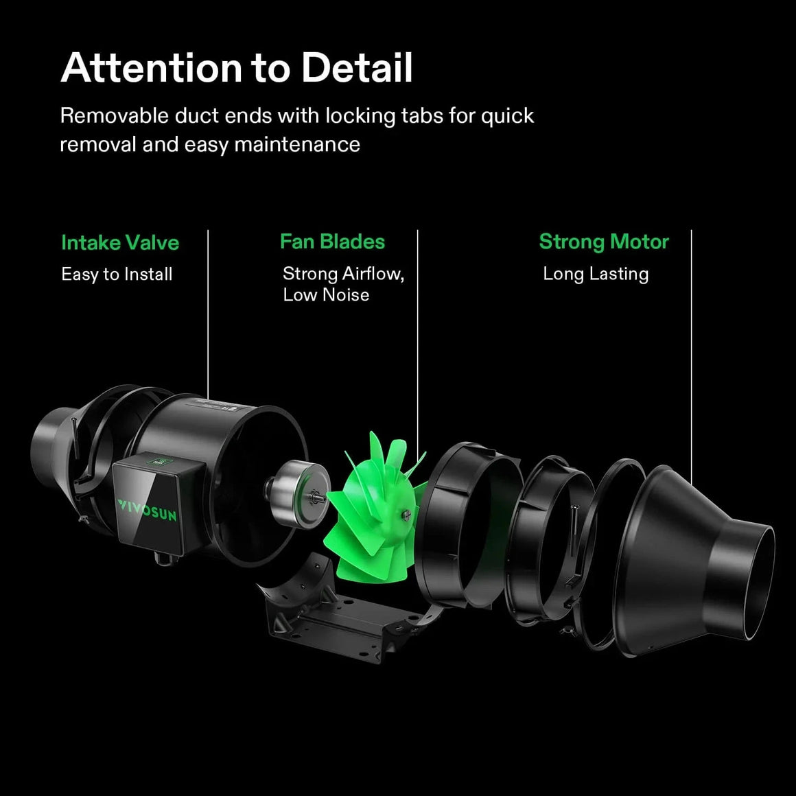 Black VIVOSUN inline duct fan with green blades in an exploded view, detailing parts like intake valve, motor, and removable ends.