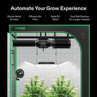 VIVOSUN grow tent with inline fan, carbon filter, LED light, and plants. Text: Automate Your Grow Experience.