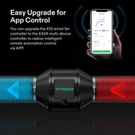 VIVOSUN inline duct fan with blue and red flexible ducts, airflow arrows, controlled by a smartphone app. Text: Easy Upgrade for App Control.