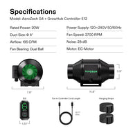 VIVOSUN AeroZesh G4 4-inch inline duct fan & E12 controller specifications, with dimensions, power cord, and straps.