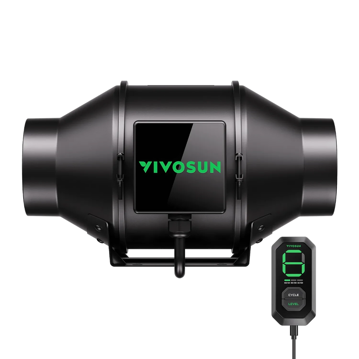 Black VIVOSUN inline duct fan with a green logo display and a separate digital speed controller showing the number '8'.