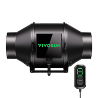 Black VIVOSUN inline duct fan with a green logo display and a separate digital speed controller showing the number '8'.