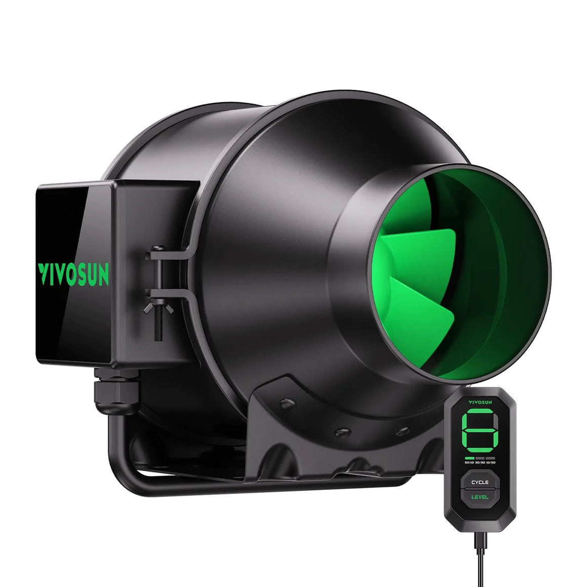 Black VIVOSUN inline duct fan with green blades and a digital speed controller displaying '8'.