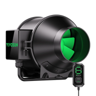 Black VIVOSUN inline duct fan with green blades and a digital speed controller displaying '8'.
